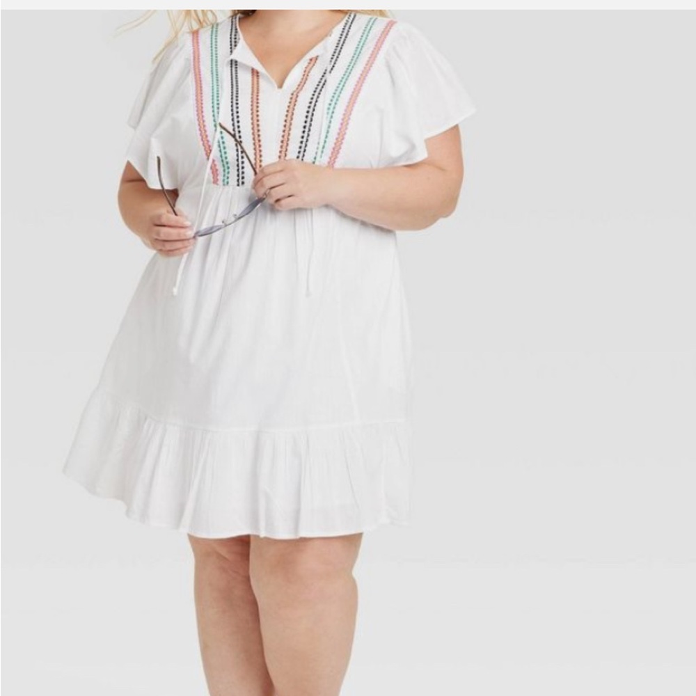 Knox Rose White Embroidered Boho Dress 4X NWT Kimono Sleeve A‑Line Cotton